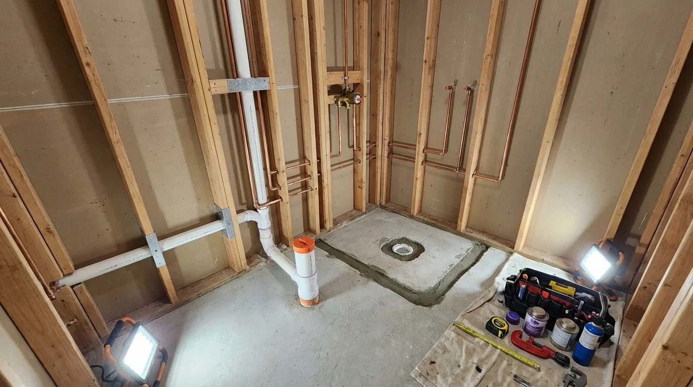 Bathroom rough-in plumbing during remodel by Johns Plumbing LLC in Fairbury