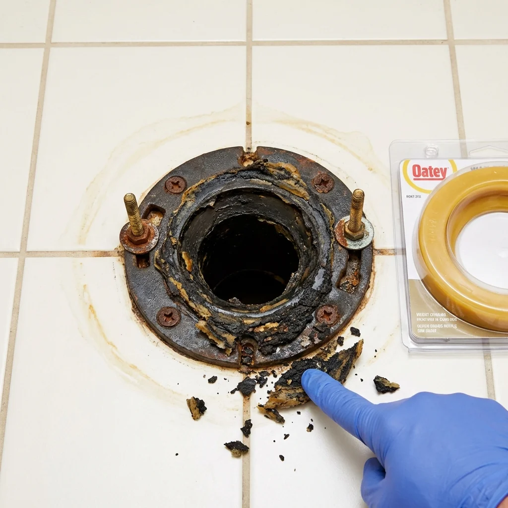 Failed wax ring showing water seepage at the base of a toilet in a Fairbury, NE home