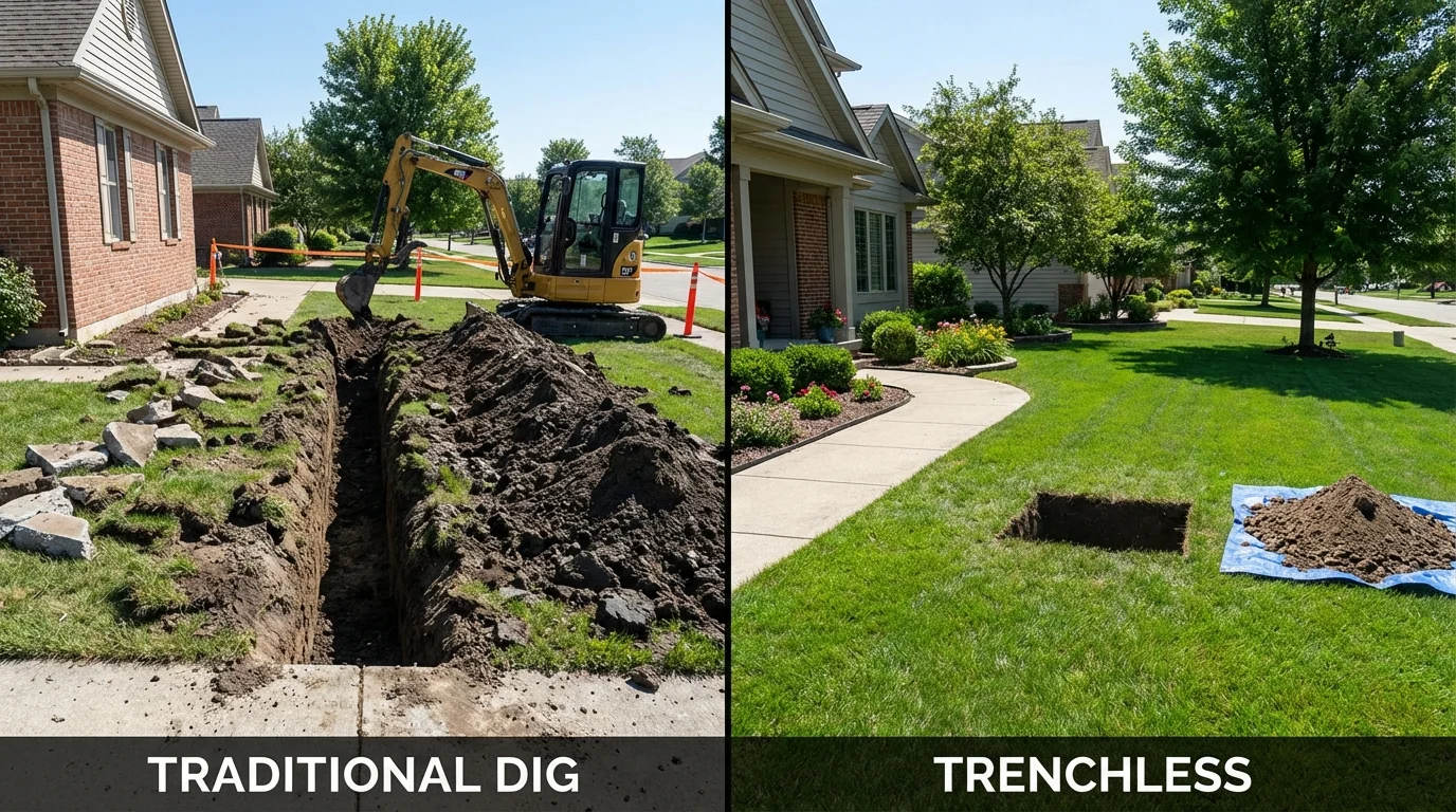 Trenchless sewer repair with minimal yard damage versus traditional excavation in Fairbury, NE