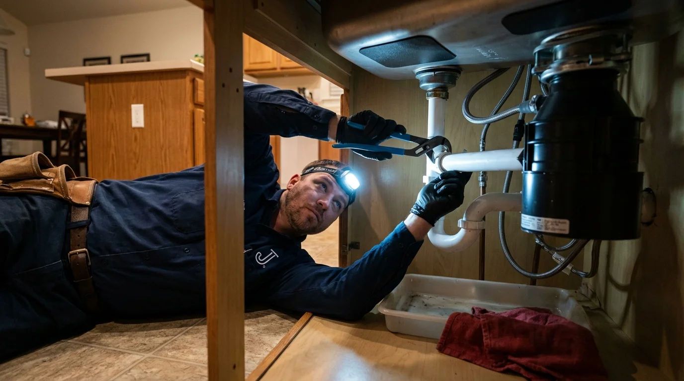 P-trap and supply line connections under a kitchen sink showing a common leak point in Fairbury, NE